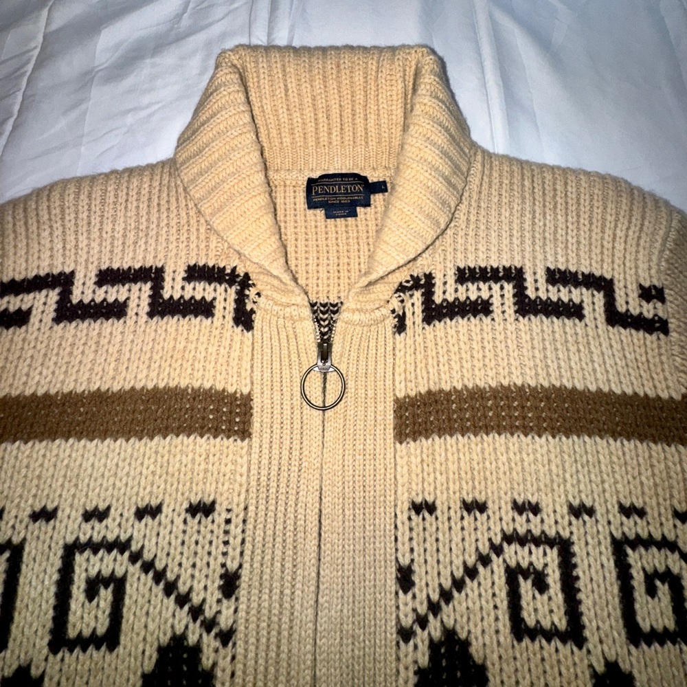 Pendleton Beige and Brown Geometric Zip Cardigan - image 3